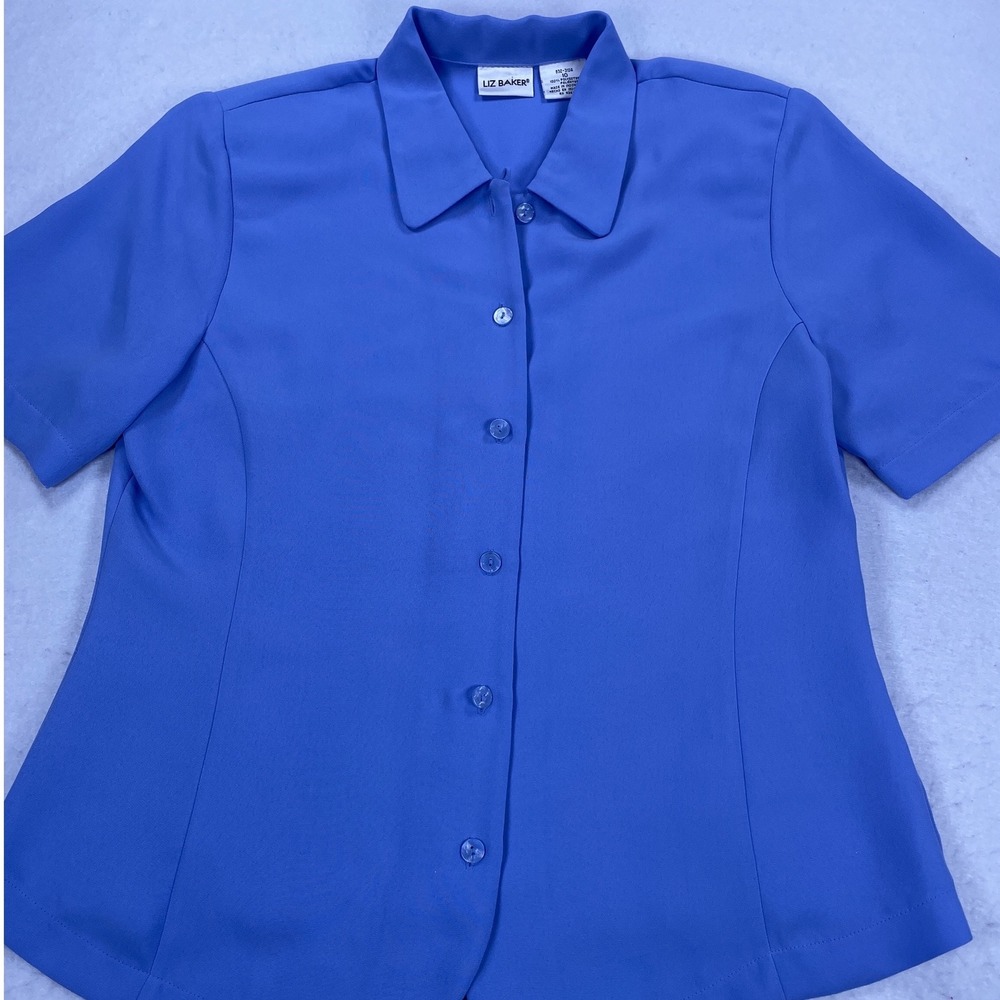 Liz Baker Womens Periwinkle Blue Short Sleeve Button Down Blouse Size 10